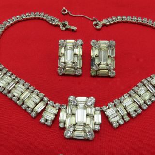 Vintage Rhinestone Necklace Clip On Earring Bracelet Ring Set Clear Crystal 19m 7