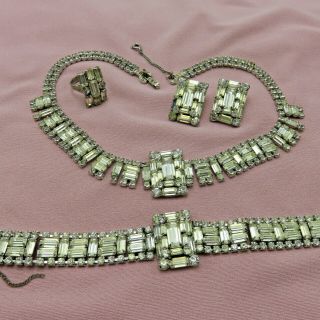 Vintage Rhinestone Necklace Clip On Earring Bracelet Ring Set Clear Crystal 19m 8