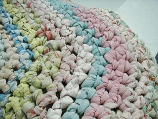 Vtg Primitive Crochet Rag Rug Oval Rustic 32 X 26 Handmade Pastel Farm House