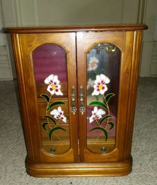 Vintage Wooden Jewelry Box With Floral Design On Glass Doors