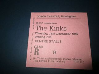 Vintage The Kinks Ticket Stub Birmingham Odeon 1980