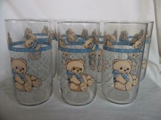 Set/7 Vtg Libbey Country Bear Drinking Glass Tumblers Bow Ties Dots Euc 80 