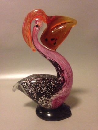 Murano Vintage Italian Glass Pelican With Fish Pink Mid Century Art Glass