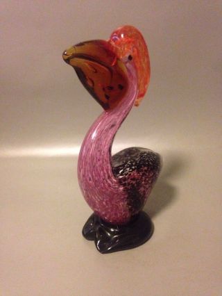 Murano Vintage Italian Glass Pelican With Fish Pink Mid Century Art Glass 8