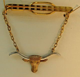 Vintage 50s Hickok Western Tie Clip Slide Longhorn Cattle Steer Bar Chain Usa 3 "