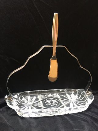 Vintage Glass Butter Dish With Star Of David Design And Chrome Plated Knife