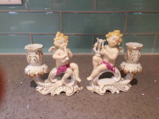 2 Vintage Porcelain Cherub Taper Candle Holders Pink Roses Kaiser W Germany