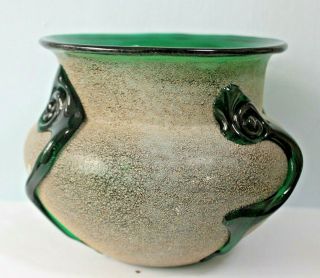 Vintage Bohemian Sandblasted Green Glass Vase,  Hand Blown Swirls C1960s