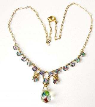 Vintage Art Deco Czech Rainbow Iris Glass Pendant Necklace