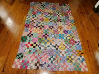 Nine Patch Quilt Top Vintage Cotton Prints Handmade Hand Stitched Small Squares