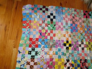 Nine Patch Quilt Top Vintage Cotton Prints Handmade Hand Stitched Small Squares 2
