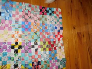 Nine Patch Quilt Top Vintage Cotton Prints Handmade Hand Stitched Small Squares 3