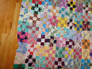 Nine Patch Quilt Top Vintage Cotton Prints Handmade Hand Stitched Small Squares 4