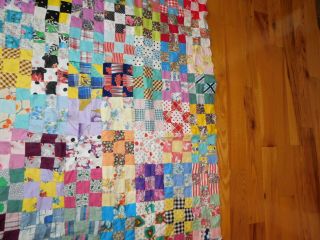 Nine Patch Quilt Top Vintage Cotton Prints Handmade Hand Stitched Small Squares 5