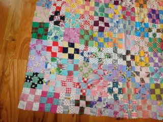 Nine Patch Quilt Top Vintage Cotton Prints Handmade Hand Stitched Small Squares 6