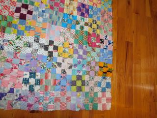 Nine Patch Quilt Top Vintage Cotton Prints Handmade Hand Stitched Small Squares 7