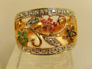 Sterling Ruby Emerald Sapphire Wide Ring Sz 8 1/4 Vintage Band Ornate Y/g
