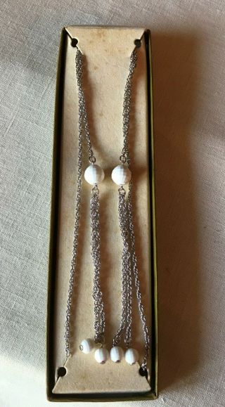 Vtg Estate Sarah Coventry Lariat Necklace Silver Tone & White Beads W/ Box