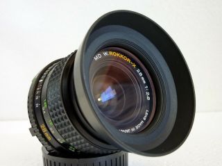 Minolta Md W.  Rokkor - X 28mm F/2.  8 Lens & Hood - One Owner - Near