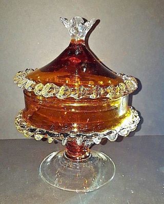 Vintage Murano Amber/clear Glass Pedestal Covered Candy/compote Dish C.  1950 