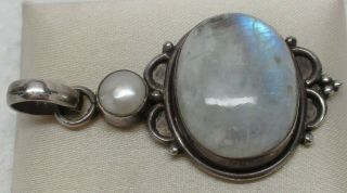 Vintage Sterling Silver Chunky Western 24.  00 Cttw Moonstone & Pearl Drop Pendant