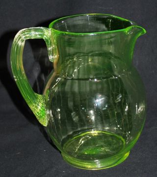 Vintage Uranium Green Vaseline Depression Glass Pitcher Applied Handle
