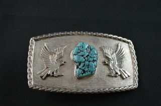 Vintage Native Sterling Silver Eagle Belt Buckle W Turquoise Stones - 42g