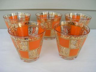 Set Of 5 Vintage Culver Orange And 22k Gold Prado Low Ball Cocktail Glasses