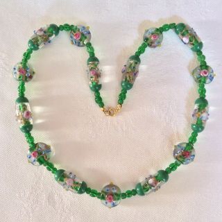 Vintage Jewellery Jade Green Glass Wedding Cake Bead Roses & Gold Swirl Necklace