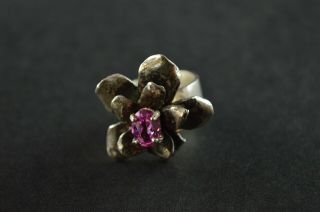 Vintage Sterling Silver Flower Ring W Pink Stone - 11g