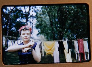 Vtg 1950s American Laundry Life 35mm Photo Slide Red Hat Woman Leans On Swing