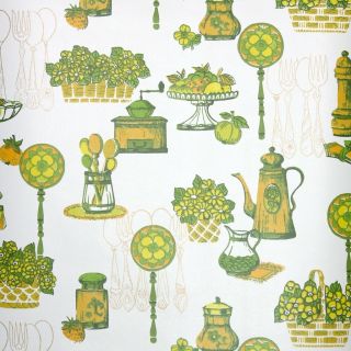 1970s Kitchen Vintage Wallpaper Green Yellow Utensils Silverware With Fruit