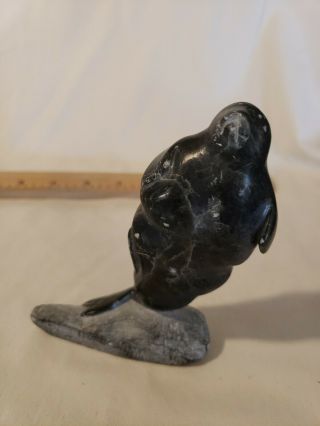 Signed Inuit Soapstone Carved Seal Sculpture Vintage Piece Some Wear