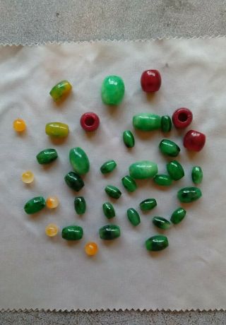 Sort Of 37 Vintage Red/green Jade Slides,  Multi Color/shape Beads.