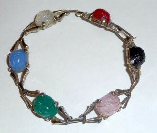 A Vintage 1950s Silver Tone Bracelet Set With Glass Imitation Scarab Beetles