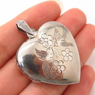 925 Sterling Silver Vintage Etched Bird & Floral Design Heart Locket Pendant