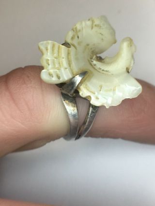 Vintage Handmade Sterling Silver Ring With Bird Design Carved From Shell Sz6 3