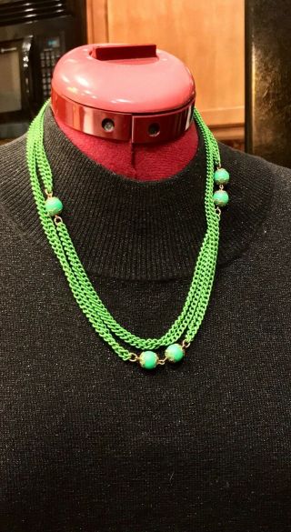 Vintage Funky 1970’s Flower Child Green Enamel Bead Chain Flapper Necklace