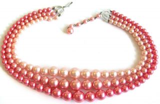 Vintage 1950s 3 - Strand Shades Of Pink Faux Pearl Bead Necklace