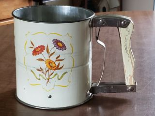 Vintage Androck Hand - I - Sift 3 Screen Flour Sifter Flowers Design Wood Handle