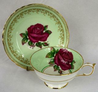 C1950s Vintage Paragon Cabinet Cup & Saucer Old English Red Rose Gold Gilt Green