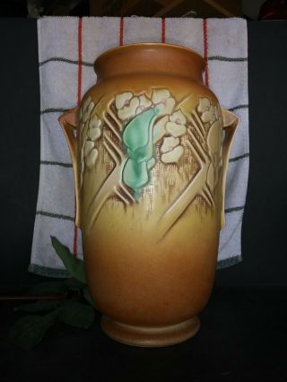 Vintage Roseville Pottery Large Floral Clemana Brown Double Handle Vase 757 - 10