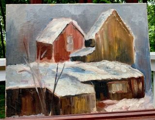 Vintage Snow Covered Barns Impressionist Landscape Oil Painting Bucks County Pa