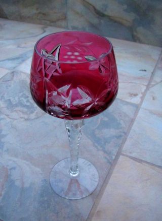 Vtg Lausitzer Crystal Cranberry Cut Clear 7 3/4 " Wine Goblet Grape Pattern