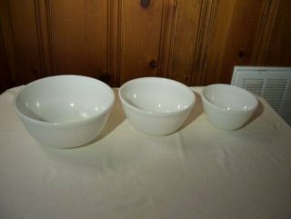 Vintage Pyrex White Milk Glass Mixing Bowl….  Set Of Three