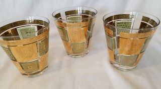 Set Of 3 Vintage Georges Briard Green Gold Lowball Rocks Old Fashioned Glasses