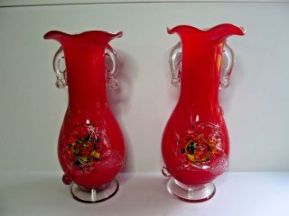 Vintage Murano Art Glass Applied Flower Red Glass Handled Vases