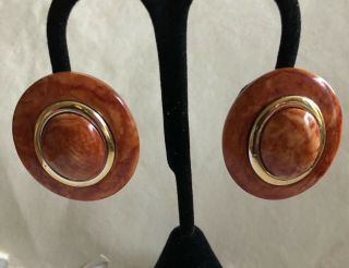 Vintage Mid - Century Modern Orange Swirled Lucite Button Clip Earrings
