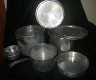 Vintage 13 Piece Nesting Camping Cookware Pot Pan Plate Aluminum Mess Kit