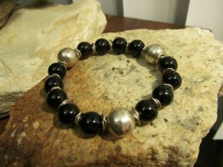 Vintage 925 Sterling Silver Black Onyx Stone Beads Beaded Stretch Bracelet